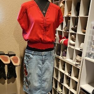 Red Top and Embroidered Denim Skirt (Pear Tree Curated)